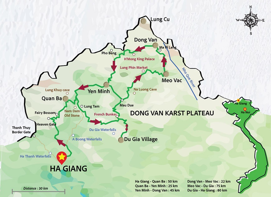 Map and landscape of the Ha Giang Jeep Adventure routes across northern Vietnam