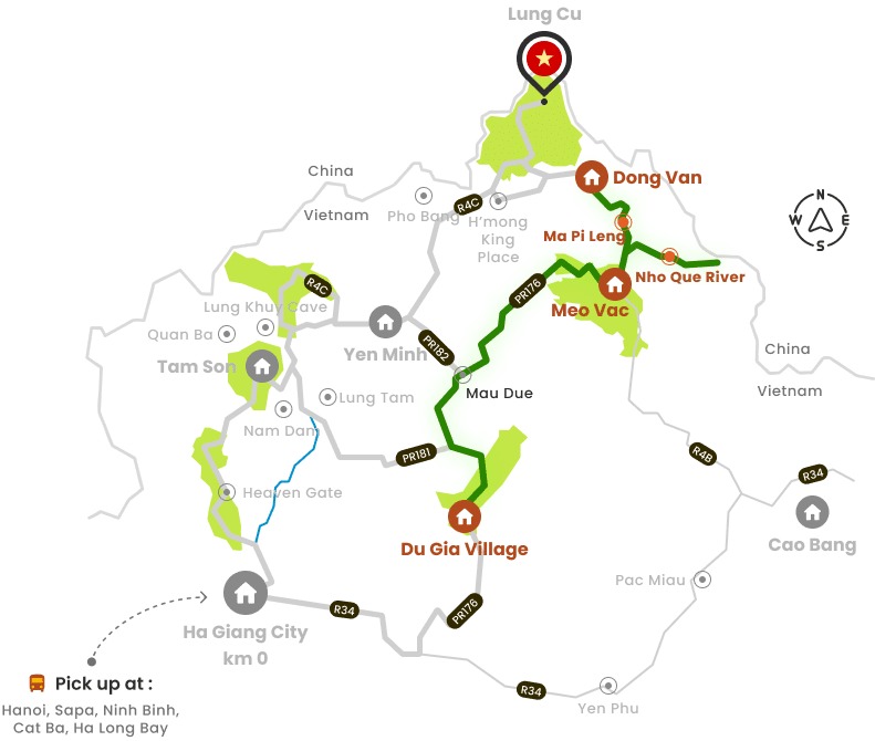 Map of Private Ha Giang Jeep Tour routes and travel planning from Hanoi